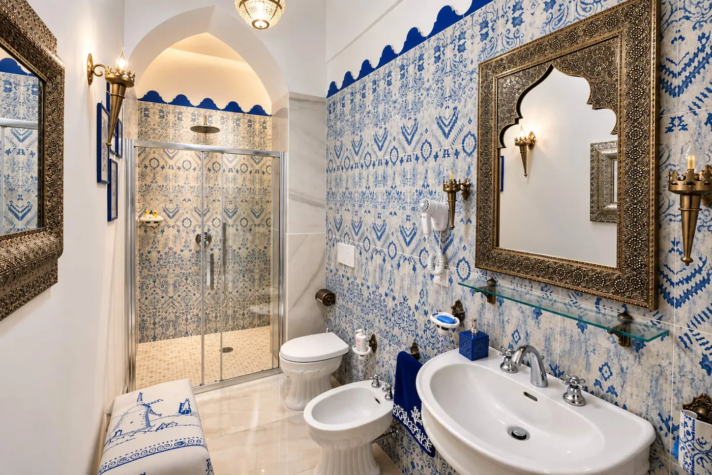 Bathroom with blue tiles